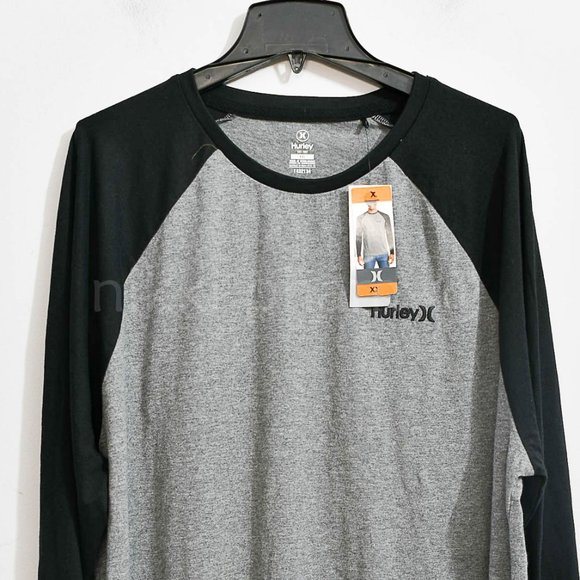NWT Hurley Men's Raglan Embroidered Logo Long Sleeve Tee T-Shirt in  GREY - Picture 4 of 7